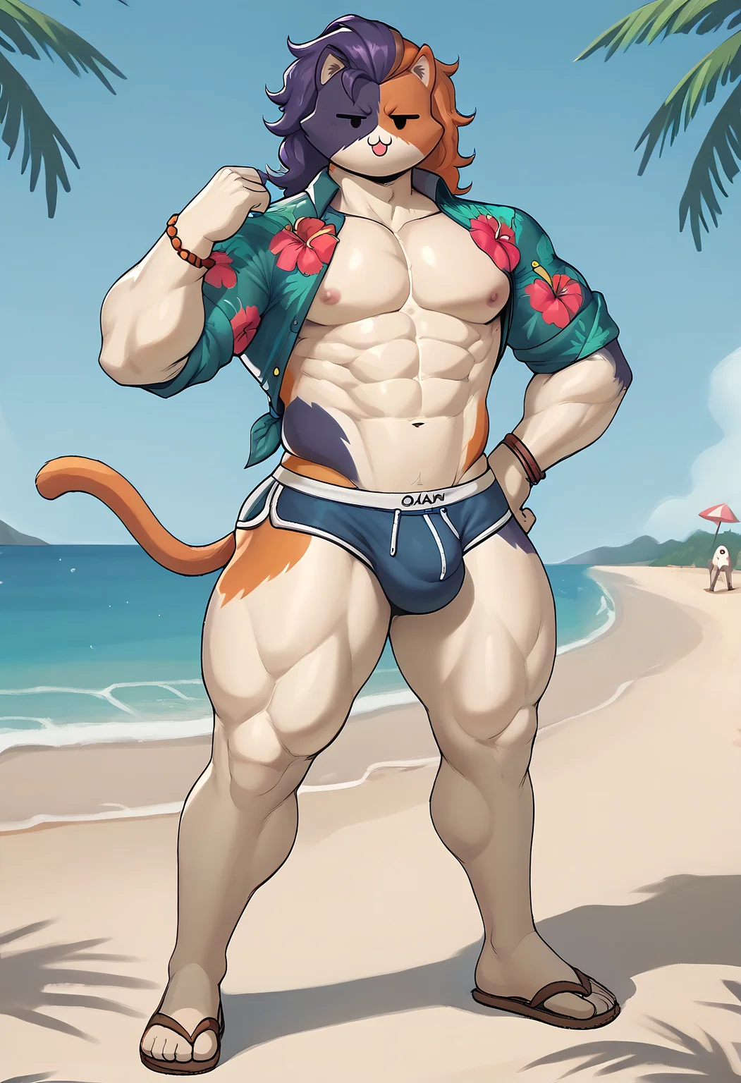 zPDXL3, <lora:Purradise_Meowscles-08:1> meowscales, 1boy, solo, male focus, muscular anthropomorphic cat, split-colored face orange and purple, long orange and purple hair, white fur with orange patches, round black eyes, wearing an unbuttoned dark blue Hawaiian shirt with pink hibiscus flowers and green leaf patterns, brown leather bracelets, brown feline tail, wearing white flip-flops with brown straps and golden accents, on a beach, sea, palm trees, sunny day, :3, calico cat, black eyes, oval eyes, big bulge, <lora:KrekkovLycoXLV2:1>, big ass, thick thighs, blue speedo, ((big pectorals, large pectorals))