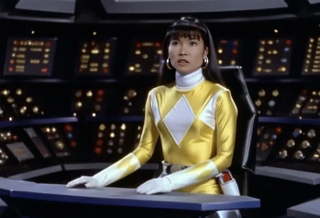 bridge of spaceship Star Trek Enterprise 1967, Trini wearing yellow power ranger catsuit, alone, long straight hair tucked behind shoulders, bangs, helmetless, uniform, white turtleneck collar, white gloves belt, holstered weapon, large chunky steel hoop earrings, worried facial expression, being transformed into a small porous cuboctahedron, sitting slightly-side-on, both arms very-outstretched, legs together, looking off-camera, in front of computer console on bridge of spaceship Star Trek Enterprise, Star Trek television series 1967, hyperdetailed photography