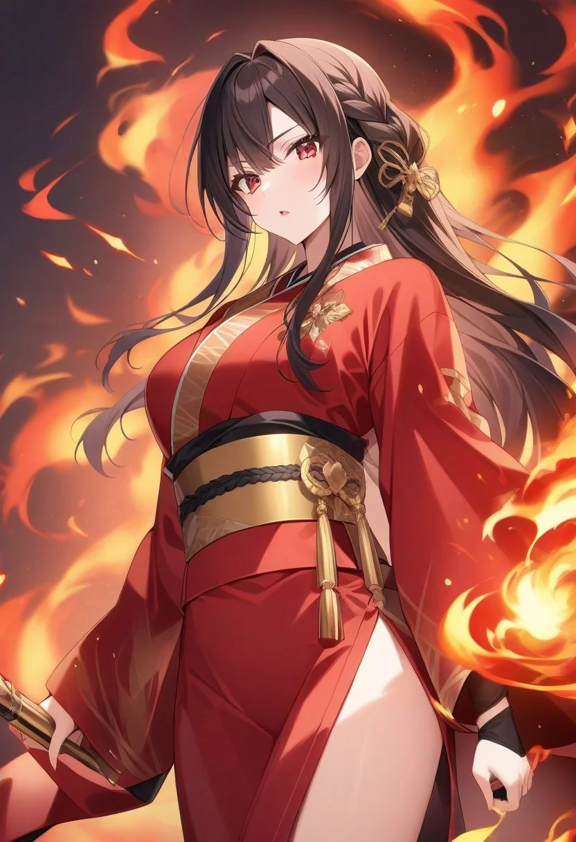 score_9, score_8_up, score_7_up, score_6_up, good_hands, masterpiece, source_anime, 1girl, solo, black hair, long hair, braid, red eyes, dark red kimono, red obi, golden accessories, golden details, fire power, fire magic,