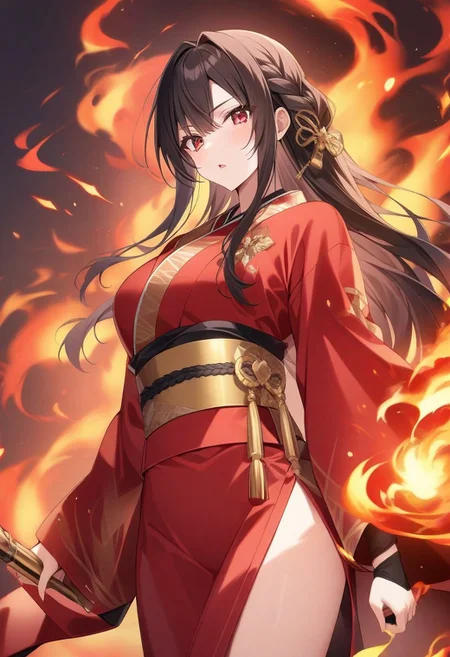 score_9, score_8_up, score_7_up, score_6_up, good_hands, masterpiece, source_anime, 1girl, solo, black hair, long hair, braid, red eyes, dark red kimono, red obi, golden accessories, golden details, fire power, fire magic,