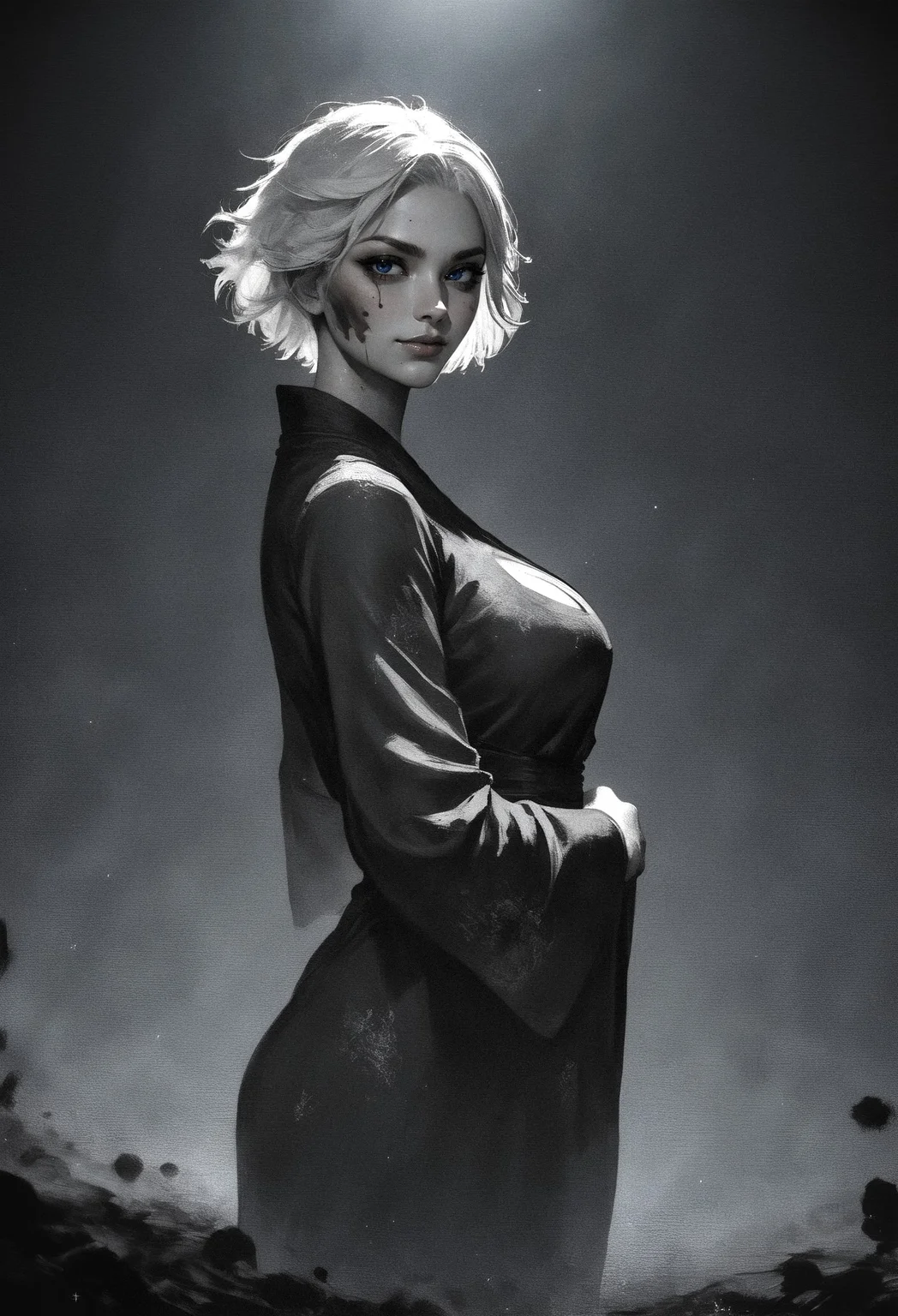 score_9, score_8_up, score_7_up, 1girl, side view, short hair, white hair, standing, posing, seductive, large breasts, looking at viewer, bright particles, darkness, bright red particles, (ink black robe:1.3), black theme, detailed background, smirk, high contrast, female silhouette <lora:pony/twilight_style:0.8> concept art, realistic, (monochrome:1.2) <lora:pony/xenotrip13:0.4> xenotr1p <lora:pony/spirit_animals:0.4> Spirit Animal