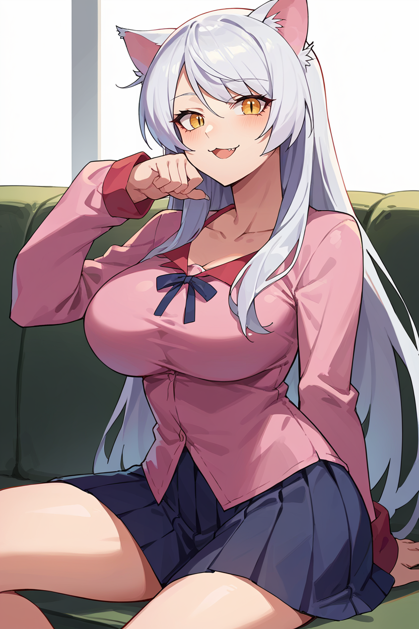 score_9, score_8_up, score_7_up, score_6_up, source_anime, BREAK 1girl, solo  <lora:blackhanekawa-pdxl-nvwls-v1-000005:1> blkhanekawa, very long hair, cat ears, slit pupils, (big breasts:0.6), girl with a cat, sitting, couch, looking at you, pink shirt, long sleeves, pleated skirt <lora:tsubasa-pdxl-nvwls-v1-000005:0.5> happy, sitting