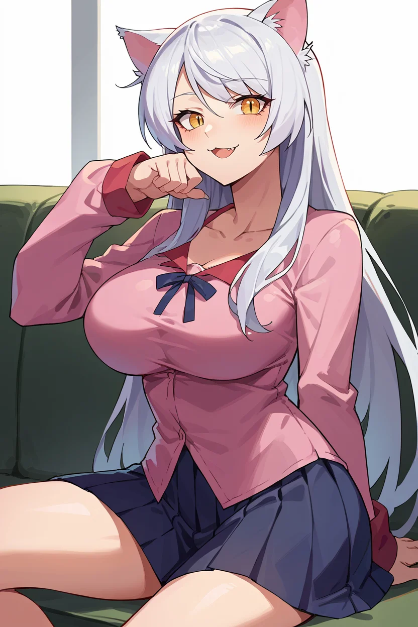 score_9, score_8_up, score_7_up, score_6_up, source_anime, BREAK 1girl, solo <lora:blackhanekawa-pdxl-nvwls-v1-000005:1> blkhanekawa, very long hair, cat ears, slit pupils, (big breasts:0.6), girl with a cat, sitting, couch, looking at you, pink shirt, long sleeves, pleated skirt <lora:tsubasa-pdxl-nvwls-v1-000005:0.5> happy, sitting