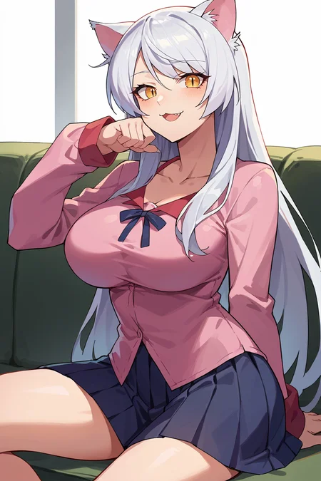 score_9, score_8_up, score_7_up, score_6_up, source_anime, BREAK 1girl, solo <lora:blackhanekawa-pdxl-nvwls-v1-000005:1> blkhanekawa, very long hair, cat ears, slit pupils, (big breasts:0.6), girl with a cat, sitting, couch, looking at you, pink shirt, long sleeves, pleated skirt <lora:tsubasa-pdxl-nvwls-v1-000005:0.5> happy, sitting