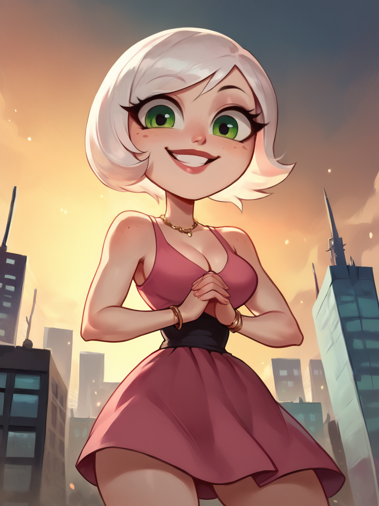 score_9, score_8_up, score_7_up, 1girl, cute pose, own hands together, smile, looking at viewer, smile, cowboy shot, (dynamic pose:1.1), dynamic angle, sexually suggestive, from below, sexy, city, day, warm lights, 
 <lora:ASedusa_character:1>, SedusaXLP, short hair, white hair, green eyes, makeup, pink dress, cleavage, jewelry, <lora:Bonifasco_PonyXL_v1:0.7>