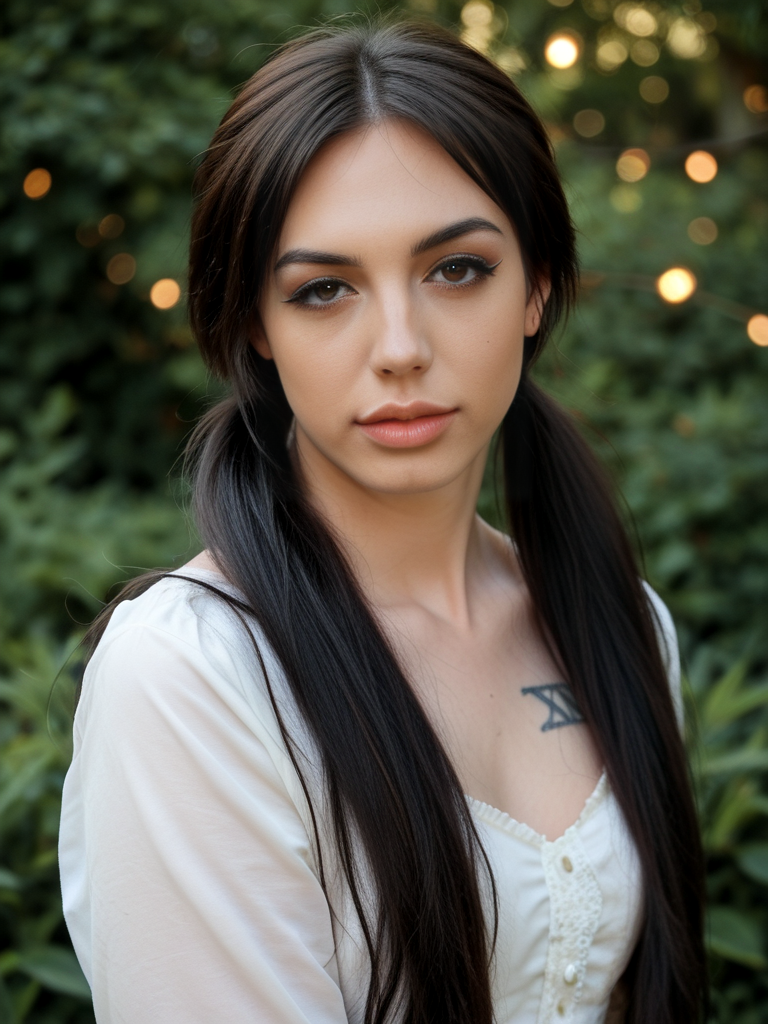 score_9, score_8_up, score_7_up, Annabell3L4ne , Annabelle Lane, <lora:Annabell3L4ne-pony:1>  1girl, makeup, lips, long hair, dark hair, twin tails, white blouse, portrait, solo, looking at viewer, bokeh, focus, film, velvia, artistic, best quality, photograph, focus