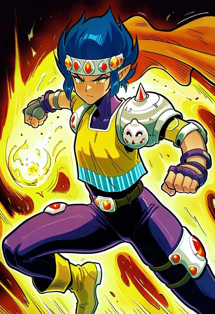 masterpiece, best quality, amazing quality, very aesthetic, absurdres, newest, curtisffl3, 1boy, blue hair, jeweled headband, orange cape, single pauldron, loose yellow shirt, elbow pads, gray fingerless gloves, purple bracelets, sleeveless purple bodysuit, thigh straps, yellow boots, pointy ears, ((action pose))
