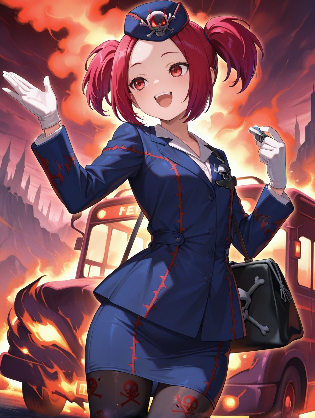 tour guide from the underworld,1girl,whistle,holding whistle,solo,open mouth,smile,handbag,bus,blue headwear,blue jacket,white shirt,blue pencil skirt,white gloves,skull print pantyhose,dutch angle,hell,
masterpiece,best quality,amazing quality,very aesthetic,absurdres,newest,<lora:tour guide, beat cop, muckraker from the underworld EX illuXL v1:0.76>,