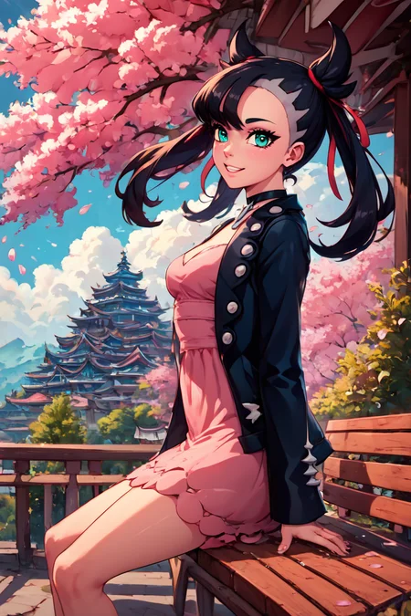 score_9, score_8_up, score_8, medium breasts, (curvy), cute, eyelashes, sitting on bench, side view, smile, looking at viewer,  ,,, zzMarnie, aqua eyes, black choker, black hair, red ribbon, pink dress, jewelry, black jacket, open clothes, long sleeves, <lora:MarnieP3:0.8>, cowboy shot,  BREAK, pnkBldng, sky, day, cloud, tree, blue sky, building, architecture, east asian architecture, BREAK,  embedding:zPDXL, Expressiveh,   <lora:PinkBuildingsPDXL_v2:0.6>,  <lora:SDXLFaeTastic2400:0.5>,  <lora:Expressive_H-000001:0.4>,