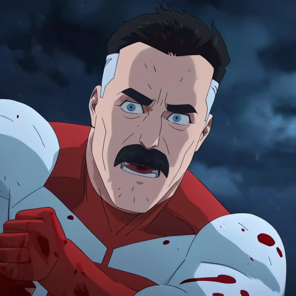cinematic film still of <lora:Invincible (TV series):0.4>
<lora:detailed:0.4> detailed
<lora:perfection style:0.4> perfect
<lora:PerfectEyesXL:0.3>
<lora:Omni-Man v2:0.9> red white outfit
Omni-Man a man with a mustache and a bloody face,anti-hero,antihero,omniman,red eye socket,brutal punches,punching someone on ground,from below,looking at camera,blood splattering,iconic fist fight,solo,looking at viewer,short hair,blue eyes,shirt,black hair,gloves,1boy,male focus,multicolored hair,teeth,two-tone hair,blood,muscular,facial hair,thick eyebrows,muscular male,clenched teeth,blood on face,mature male,mustache,blood on clothes,old,old man,superhero,blood on hands,wrinkled skin, shallow depth of field, vignette, highly detailed, high budget, bokeh, cinemascope, moody, epic, gorgeous, film grain, grainy