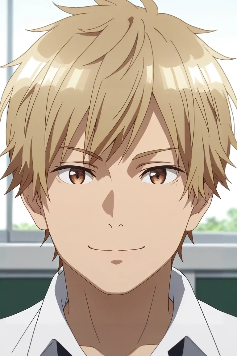 score_9, score_8_up, score_7_up, , rating_safe, , (3d:0.4), looking at viewer, depth of field, 1boy, solo, male focus, <lora:shuuji_nakamura_pony:0.8>, shuuji_nakamura, blonde hair, brown eyes, short hair, symmetry, school, day, sunny, arm up, smile, , tam, <lora:sdxl_lightning_8step_lora:1>