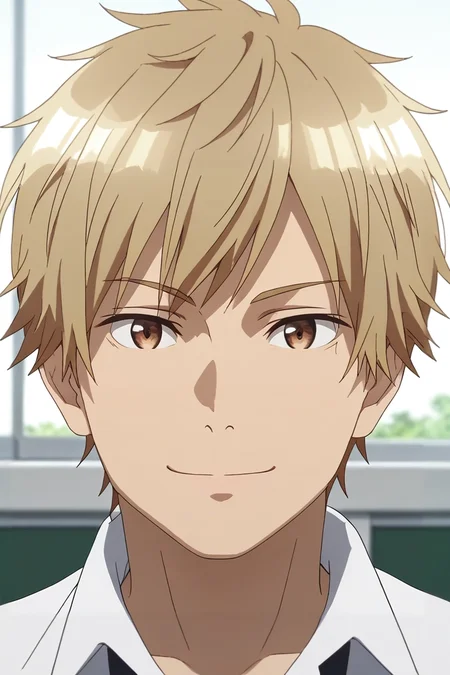 score_9, score_8_up, score_7_up, , rating_safe, , (3d:0.4), looking at viewer, depth of field, 1boy, solo, male focus, <lora:shuuji_nakamura_pony:0.8>, shuuji_nakamura, blonde hair, brown eyes, short hair, symmetry, school, day, sunny, arm up, smile, , tam, <lora:sdxl_lightning_8step_lora:1>