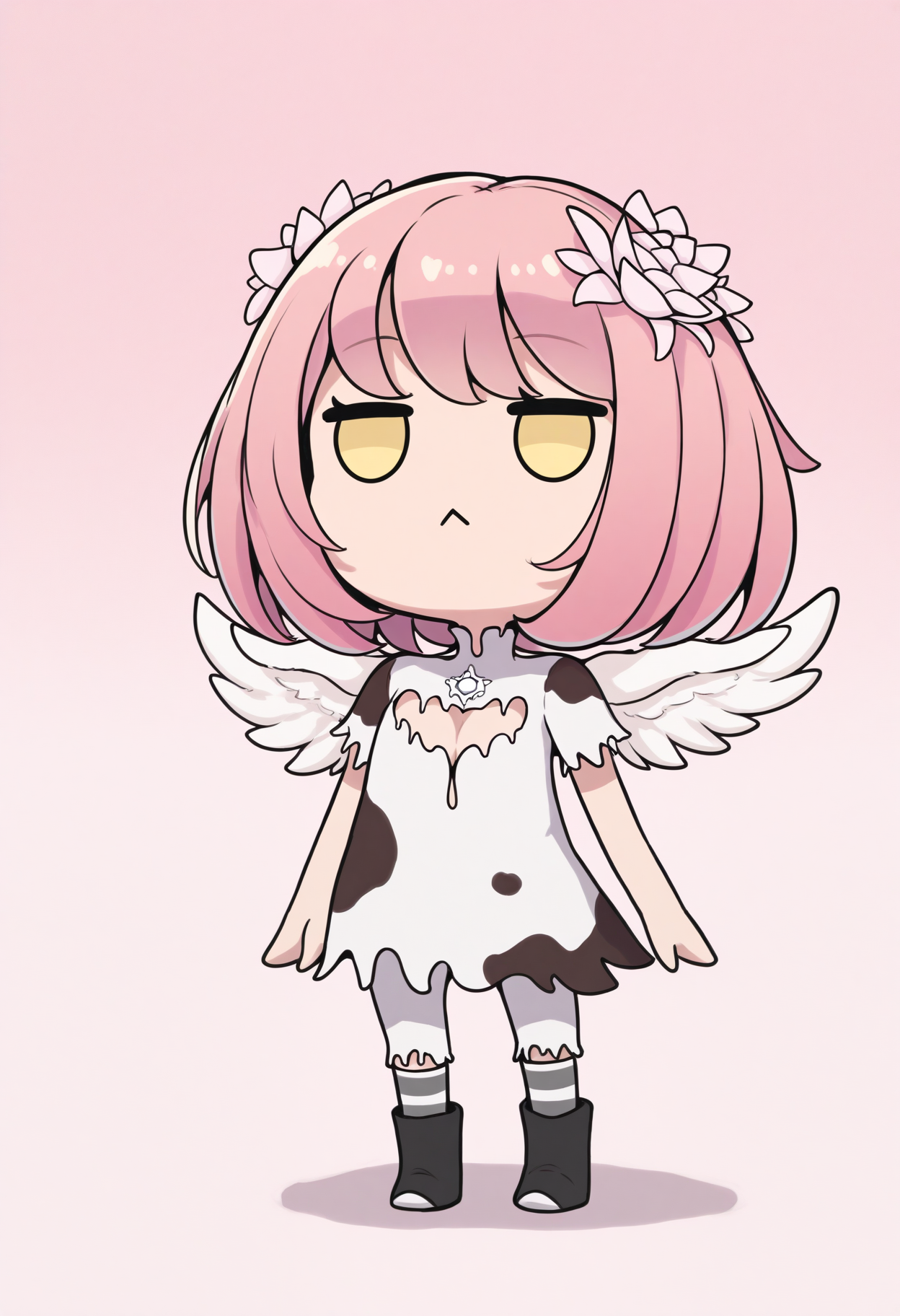masterpiece, best quality, 1girl, solo, chibi, :<, full body, standing, arms at sides, looking afar, solid oval eyes, <lora:DurgaGR-illu:1> durgaGR, pink hair, short hair, hair flower, yellow eyes, white wings, cow print dress, brooch, cleavage cutout, short sleeves, white pants, striped socks, black boots, shadow, gradient background, pink background