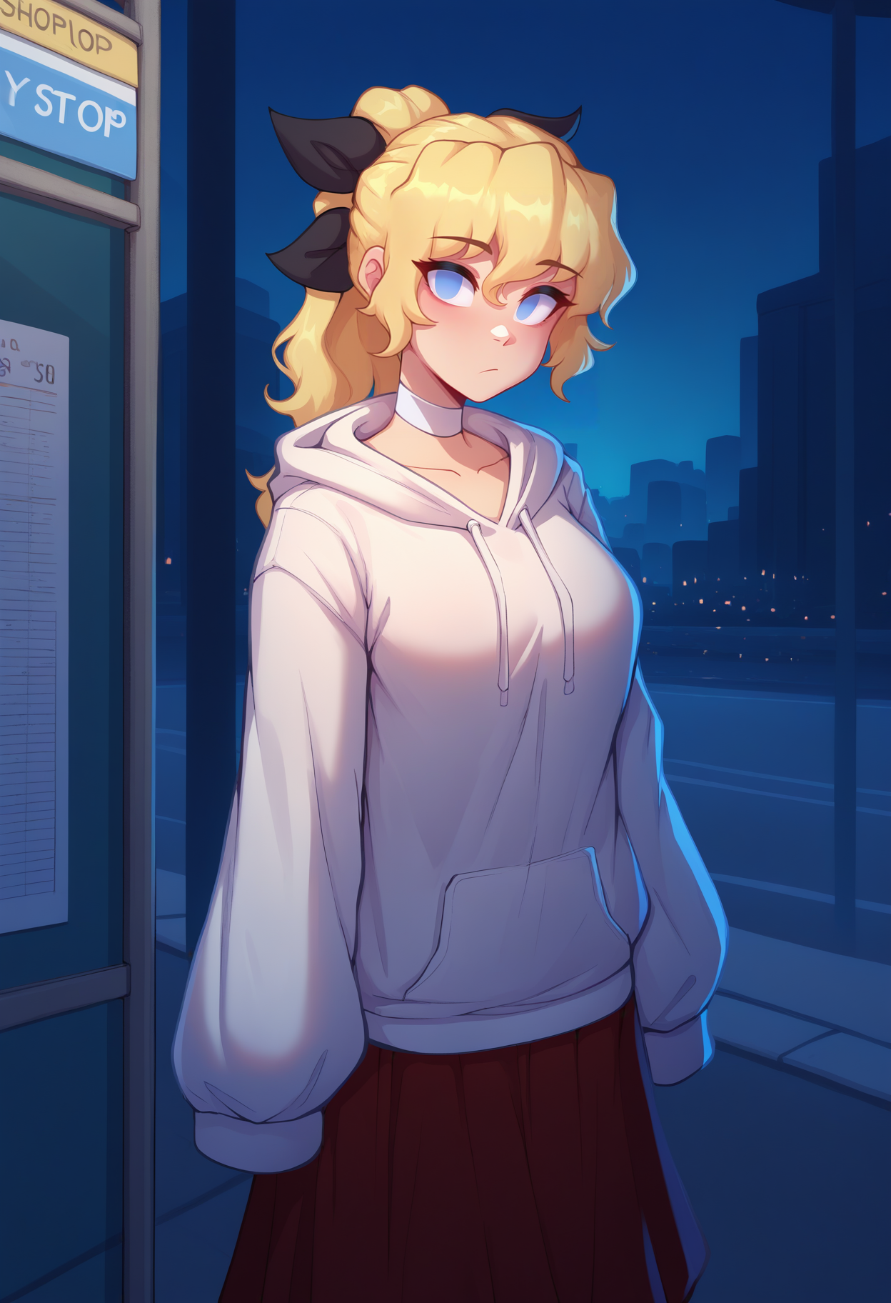 masterpiece, best quality, newest, absurdres, highres, 1girl, solo, <lora:NSLillyKatawa:1> NSLillyMisc, blue eyes, blind, no pupils, blonde hair, long hair, ponytail, black ribbon, hair ribbon, white hoodie, oversized clothes, sleeves past fingers, red skirt, bus stop, city, night, dark, white choker, looking at the viewer,
