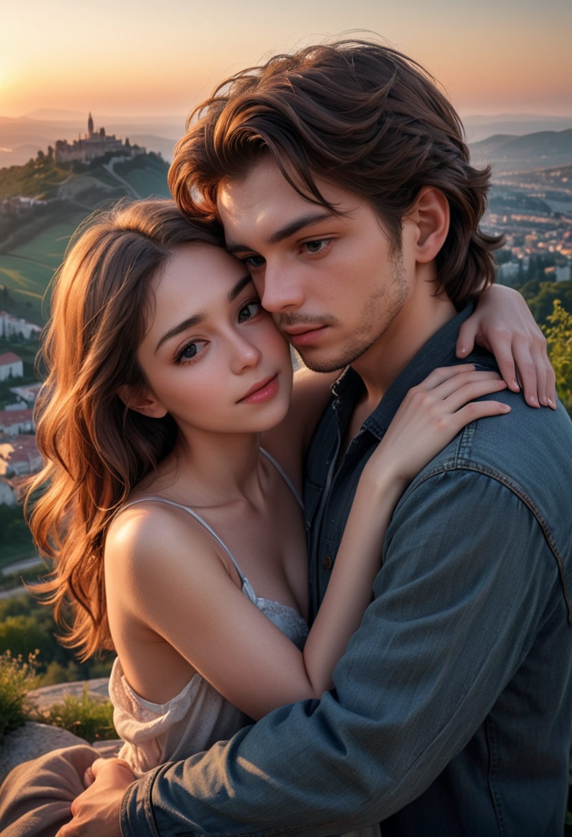 HDR photo, (medium shot , slightly above) of two lovers cuddling, detailed face, located in a romantic scene at a beautiful hilltop during dawn with clear weather, illuminated by warm glow, creating a loving atmosphere, Masterpiece,best quality, photo, realistic, very aesthetic,