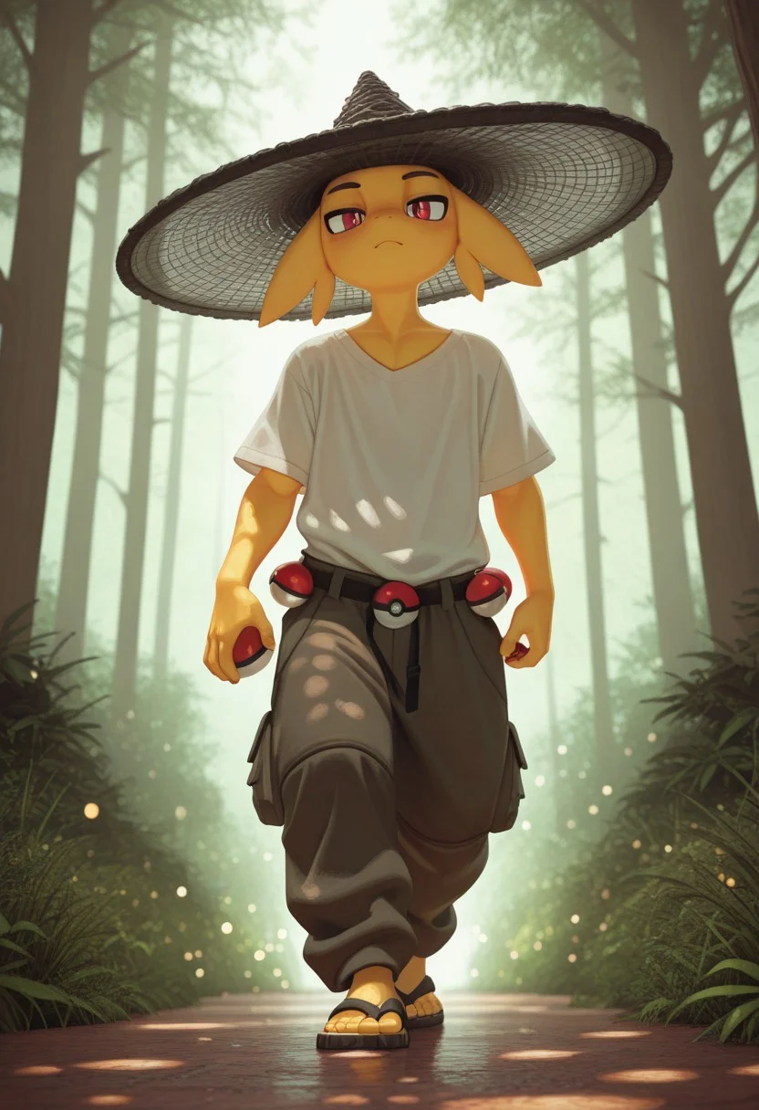 masterpiece, best quality, absurdres, highres, high quality, highly detailed, official art, gloss_(hotglossed), Hoovesart, pixelsketcher, 3d, stylized realism, (bokeh:1.1), no lineart, dense alpine forest,
1male, human male, solo, detailed face, net hat, loose shirt, baggy lounging pants, sandals, pokeballs attached to belt, holding pokeball, walking towards viewer, soft lighting on male, rim lighting, wide hat