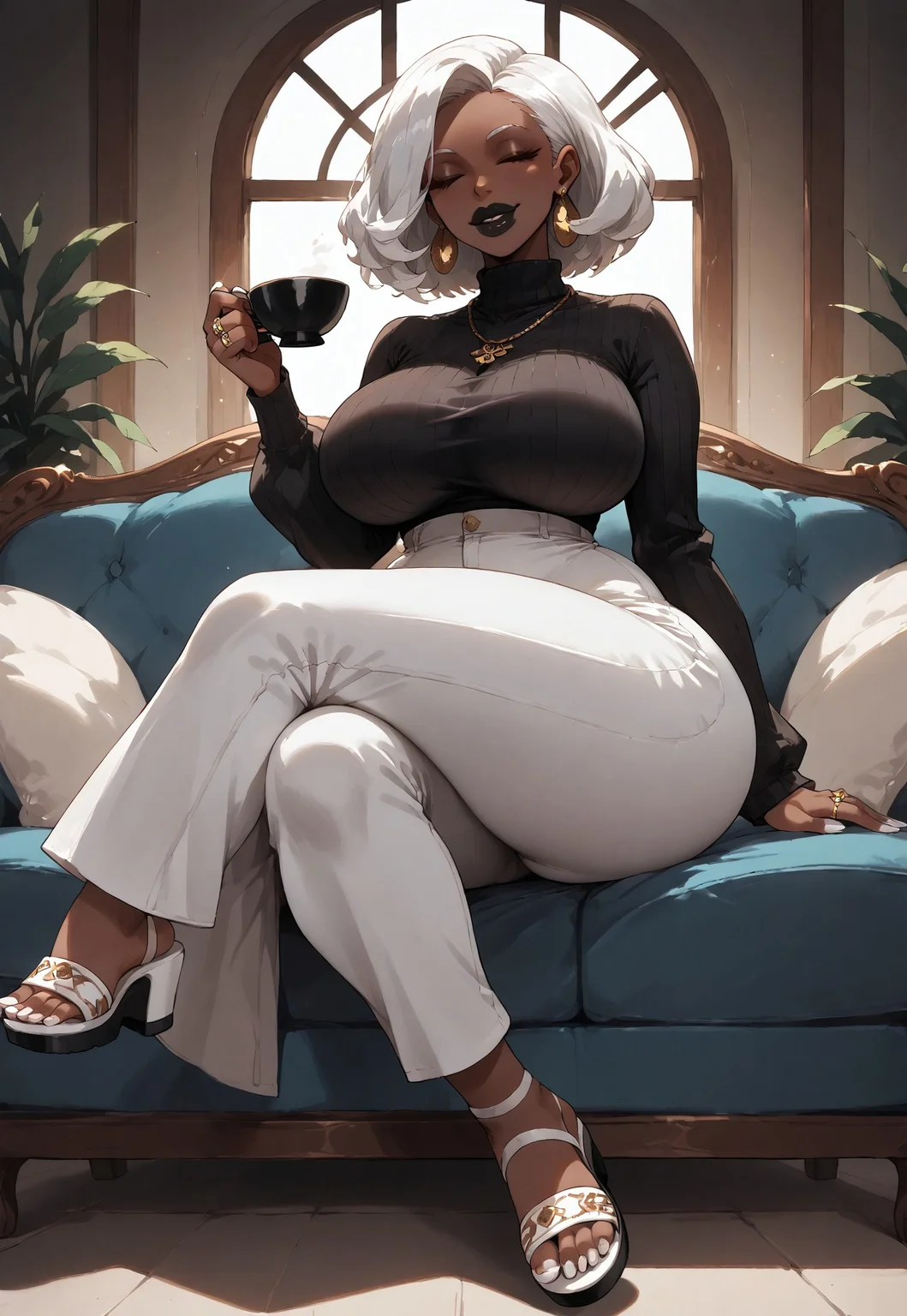 safe_pos, score_9, score_8_up, score_7_up, solo, 1women, ebony, african, dark-skinned, dark-skinned_women, thick lips, white hair, white eye bros, plump lips, makeup, Black lipstick, Black lips, (curvaceous, curvy) body, (thicc hips), (thick legs), (thick thighs), round hips, bulbous hips, absurdly large hips on a slight frame, round thighs, bubble butt, manicure, pedicure, polished nails, white nails, clothes, Long sleeve black turtleneck, white Flared pants, flat white sandals, strapless sandal, earrings, necklace, rings, sitting on couch, leg crossed, crossed legs, drinking tea, eyes closed, closed eyes, tea cup, holding tea cup with both hands, soft smile, Detailed, Detailed lips, Detailed nails, Detailed sandals, Detailed jewelry, five_toes,
