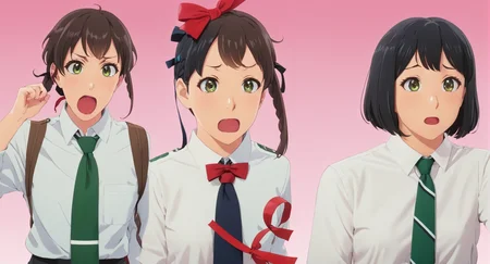 anime artwork of <lora:Split Screen Style:1> several simultaneous images
two different images of a couple of anime characters with a surprised look,Split Screen Style,1girl,short hair,open mouth,brown hair,shirt,black hair,1boy,bow,ribbon,brown eyes,school uniform,hair ribbon,white shirt,braid,sweat,necktie,collared shirt,indoors,bowtie,sweatdrop,red bow,red ribbon,parody,style parody,green necktie,anime coloring,personality switch,miyamizu mitsuha , division of the screen, half screen, several simultaneous images, anime style, key visual, vibrant, studio anime, highly detailed