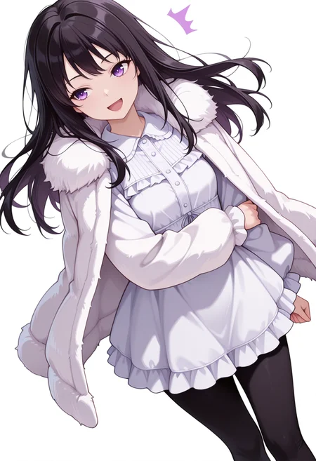 Smooth Quality,masterpiece,very intricate, high quality details, ultra realistic, high detailed skin,detailed enviorement,absurdres,
hand on own arm,:d,
<lora:Yozora_Mikazuki_CNR:0.8> yozora_cnr, 1girl, black hair, long hair, purple eyes,, simple background, white background, dutch angle,solo,, ^^^,kubrick stare,, fur coat,frilled shirt,stockings, ,leggings,