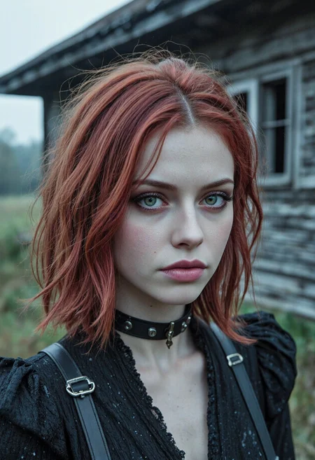 Dark fantasy picture showing lithe ukrainian female, 18yo, with teasing hazel almond-shaped eyes and pale skin with a daydreaming attitude. She has wild auburn fantasy-style hair with short side-swept bangs and goth makeup combining metallic red hues and edgy false lashes as well as lipgloss, combined with stud earrings and a collar necklace. Set in an abandoned hamlet, on a misty dark clear autumn night. With hard broad and short lighting, realistic, best quality, gloomy hues, otherworldly, mysterious, dramatic, masterpiece <lora:flux_MJ6.1_Flux-PRO>