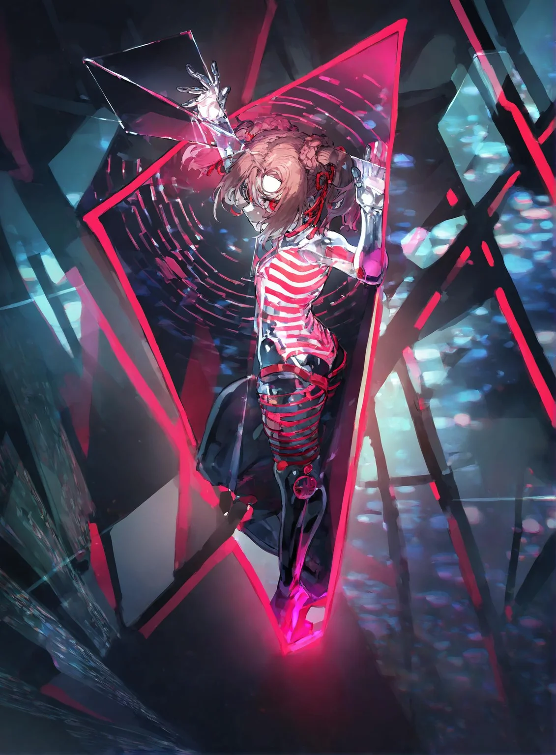 1girl ,nezha_(fate) , optical illusion, ssambatea, quasarcake, Fishine, negative space, see-through_body ,made of, tiny neon glass filaments, w0gf1l, Android, star, solo, glass skin, made of glass,neon light, detailed background,
<lora:illustrious_noobai_epsilon_pred_1_best_quality_v1:0.7> ,<lora:illustrious_noobai_epsilon_pred_1_masterpieces_v1:0.7>,  <lora:add_details_xl:0.7>,<lora:ponyv5_noobE11_1_adamW:.0.5>, <lora:World_of_Glass_Filament:1>
masterpiece, best quality, amazing quality, very aesthetic, absurdres, newest,