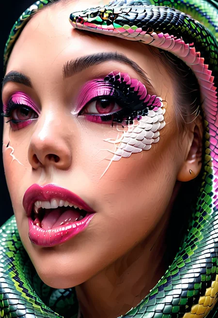 Black and pink color scheme, painting of a beautiful woman with sharp fangs showing ,snake tongue,extremely detailed, sn4ke, Masterpiece,best quality,hi res,8k,hi res,8k,award winning,(sharp focus, intricate, highly detailed), brush strokes, imperfections
BREAK
With a taste of your lips, I'm on a ride
You're toxic, I'm slippin' under
With a taste of a poison paradise
I'm addicted to you
Don't you know that you're toxic?
And I love what you do
Don't you know that you're toxic?