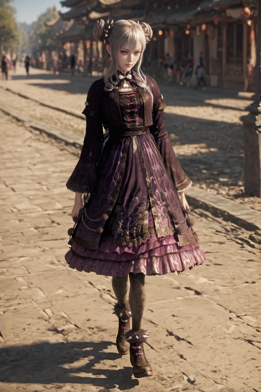 score_9, score_8_up, score_7_up, source_anime, <lora:Dong_Bai:0.8> 1girl, solo, hair bun, grey hair, grey eyes, dress, long sleeves, pantyhose, hair ornament, Walking with a spring in the step, looking at viewer