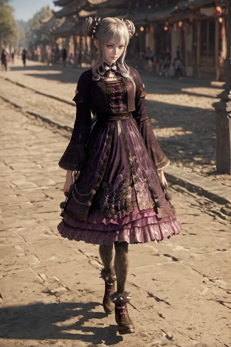 score_9, score_8_up, score_7_up, source_anime, <lora:Dong_Bai:0.8> 1girl, solo, hair bun, grey hair, grey eyes, dress, long sleeves, pantyhose, hair ornament, Walking with a spring in the step, looking at viewer