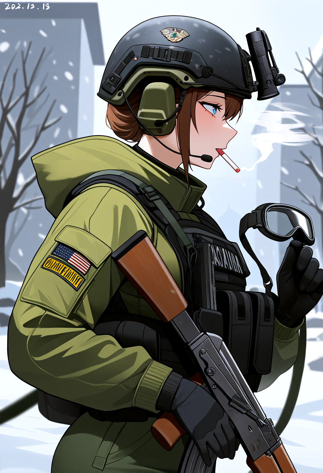 very awa, masterpiece, best quality, year 2024, newest, highres, absurdres, <lora:age_slider_v4:3> <lora:thicc_v1.4-pony:1.2>,detailed_background,outdoors,ammunition pouch,hood,kalashnikov rifle,cigarette,rifle,mouth hold,dated,hooded jacket,1girl,goggles,jacket,headset,green eyes,weapon,absurdres,walkie-talkie,smoking,bags under eyes,helmet,holding gun,tactical clothes,unworn goggles,1other,nose,black gloves,snowing,pants,brown hair,green pants,ak-74m,from side,winter,user ves1082,gloves,holding,upper body,black helmet,military uniform,assault rifle,gun sling,holding weapon,bulletproof vest,short hair,magazine \(weapon\),load bearing vest,green jacket,military,gun,blizzard,sidelocks,highres,pouch