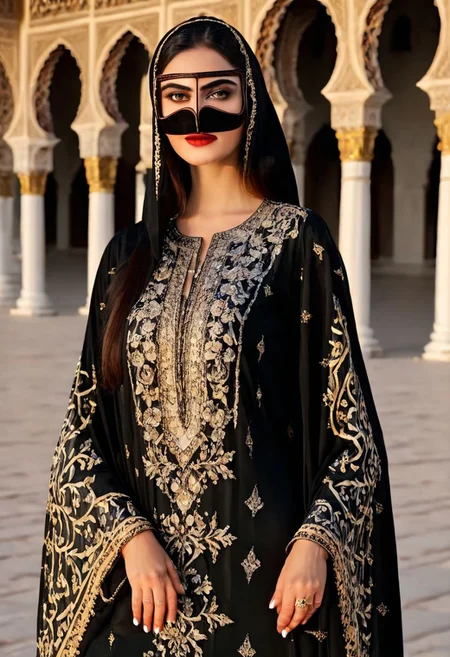 arabic_female_1 , full face a beautiful faced woman dressed in an embroidery dress , with beautiful black kaftan, best quality, 4k, ultra realistic , super quality, five finger hands, background of sheikh zayed mosque