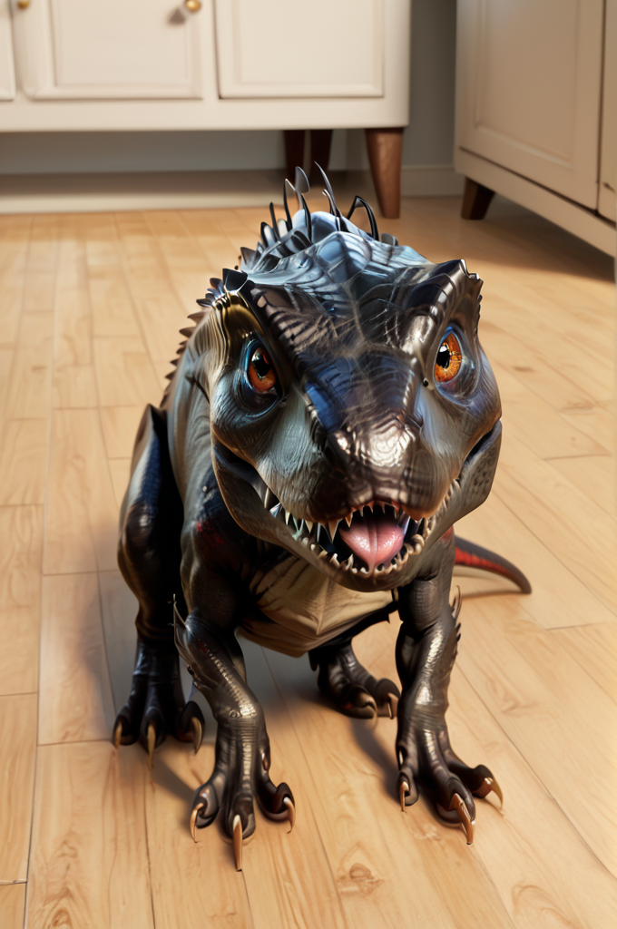 source_furry, score_9, score_8_up, score_7_up, (indoraptor_jwe, dinosaur, feral, chibi, cute), scalie, black scales, detailed scales, red marks, amber eyes, detailed eyes, beautiful eyes, cute eyes, ((puppy-eyed)), teeth, sharp teeth, tongue out, saliva, claws, tail, <lora:JWE_IndoraptorPony:0.8>, indoors, kitchen, sitting on ground, look at viewer, view from above, zPDXL2, zPDXLpg, zPDXLrl, best quality, highly detailed, extreme details, masterpiece, photorealistic, hyperrealistic, ultra realistic, hdr, 4k, uhd, ray tracing, shaded
