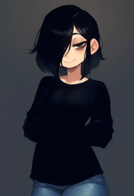score_9, score_8_up, score_7_up, source_anime, solo,from bellow, smile, hair over one eye, bags under eyes, black hair, medium hair, small breasts, black shirt, long jeans, looking at viewer, sweat, indoors, half closed eyes, <lora:ntl_pdxl:0.8> ntl_style, <lora:rapscallion_style:1>, <lora:babySwa:1> baby carry, swaddled