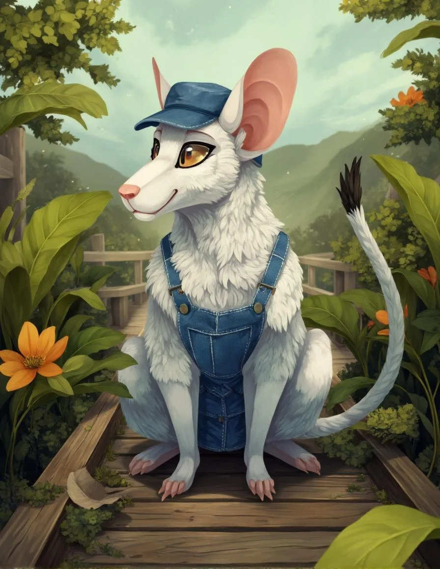 <lora:ck-LttleGhost-000011.safetensors:1> in the style of ck-lttlegh0stA white rat with pink ears and nose sits on a wooden boardwalk, dressed in denim overalls and a blue hat. It's surrounded by lush green foliage with orange flowers and yellowing leaves. The soft color palette creates a nostalgic yet unnerving atmosphere.