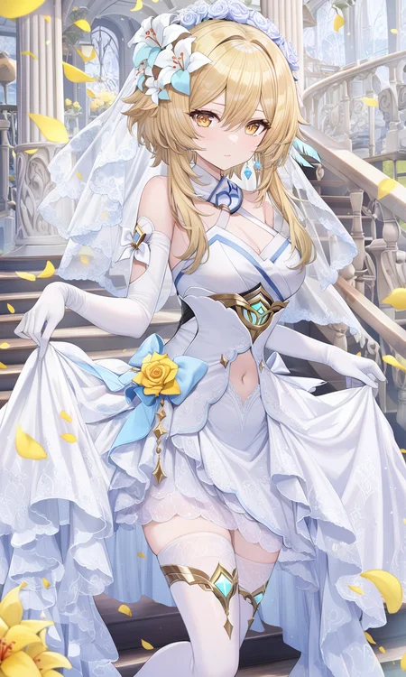 1girl, sensitive, lumine, genshin impact, solo, breasts, looking at viewer, blonde hair, hair ornament, gloves, dress, thighhighs, navel, jewelry, bare shoulders, yellow eyes, flower, sidelocks, earrings, alternate costume, elbow gloves, white gloves, hair flower, white dress, white thighhighs, clothing cutout, petals, veil, short hair with long locks, yellow flower, stairs, skirt hold, wedding dress, bridal veil, navel cutout