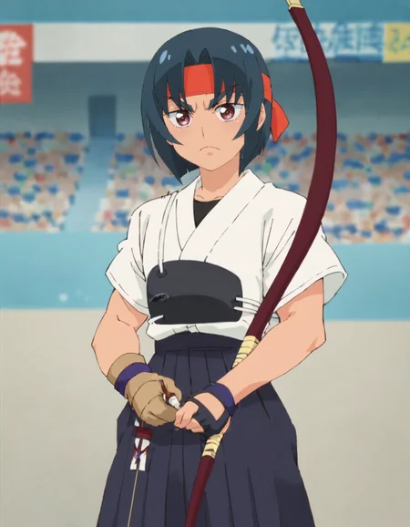 score_9, score_8_up, score_7_up, 1girl, solo, pubic hair,anime screencap, kyuudou, archery, muneate, partially fingerless gloves, hakama skirt,
headband, short hair red headband, frown, black hair, looking at viewer, closed mouth, thick eye blow,<lora:nassan_v3:0.9>