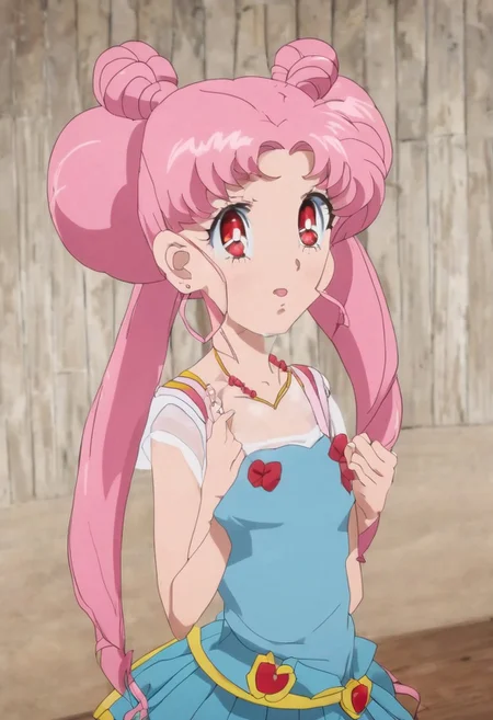 <lora:SMCrystalSDXL-REDO:1> 1girl, anime coloring, blue eyes, closed mouth, crystal movies style, earrings, red eyes, pink hair, hair bun, indoors, jewelry, magical girl, multicolored skirt, necklace, pleated skirt, red bow, short hair, shorts, skirt, twintails, very long hair
