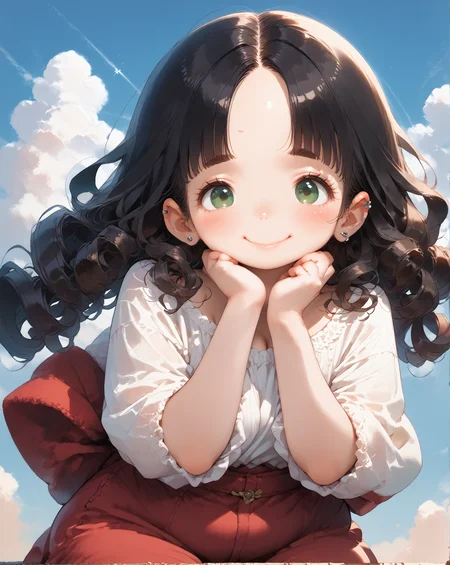 score_9, score_8_up, score_7_up, score_6_up, source_anime, rating_safe, ah1, 1girl, (curly hair), long hair, (black hair), mature female, (parted hair:1.7), (round face), (no_bangs:1.3), (no_fringe:1.6), looking at viewer, (thick eyebrows), (curvy), round-chin, (greenish hazel eyes), caucasian, (downturned eyes), <lora:ETO_OCPonyXL:0.5> eto_oc, skindentation, plump, thick thighs, wide hips, busty, voluptuous, kinky curls, lips, bad-hands-5, (starting a war), (oxblood red Cyberpunk-inspired face mask with integrated filters), (in Cloud Heaven), ((happy, wide smile, raised cheeks, piercing gaze, looking to the right expression)), <lora:venus body PonyXL:0.8>, <lora:xl_more_art-full_v1:0.4>, <lora:shinyskin2:0.3> glistening skin, <lora:aesthetic_anime_v1s:0.4>, <lora:Expressive_H:0.4> Expressiveh, <lora:hairdetailpxl:0.4> hairdetailpxl, <lora:EpicF4nta5yXL:0.4>, <lora:detailxl:0.4> detailxl, <lora:Fant5yP0ny:0.4>, best quality, amazing quality, best aesthetic, absurdres, <lora:expressive eyes:0.4> expressive eyes, (lower body), <lora:eyedetailpxl:0.4> eyedetailpxl,