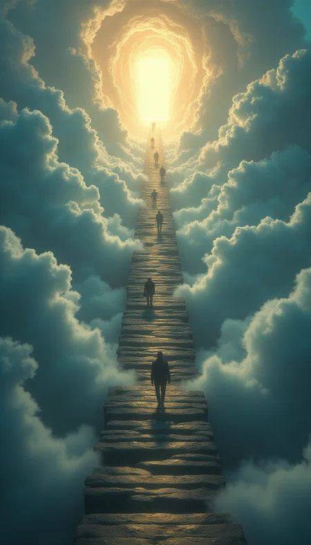 ethereal fantasy concept art of A surreal depiction of the quest for equality,represented by a vast,((endless staircase winding through the clouds)),with diverse people climbing together toward a shining,elusive doorway at the top. The scene blends elements of fantasy and reality,with barriers along the path symbolizing various social obstacles. The mood is hopeful yet challenging,with ethereal lighting and symbolic motifs scattered throughout. . magnificent, celestial, ethereal, painterly, epic, majestic, magical, fantasy art, cover art, dreamy