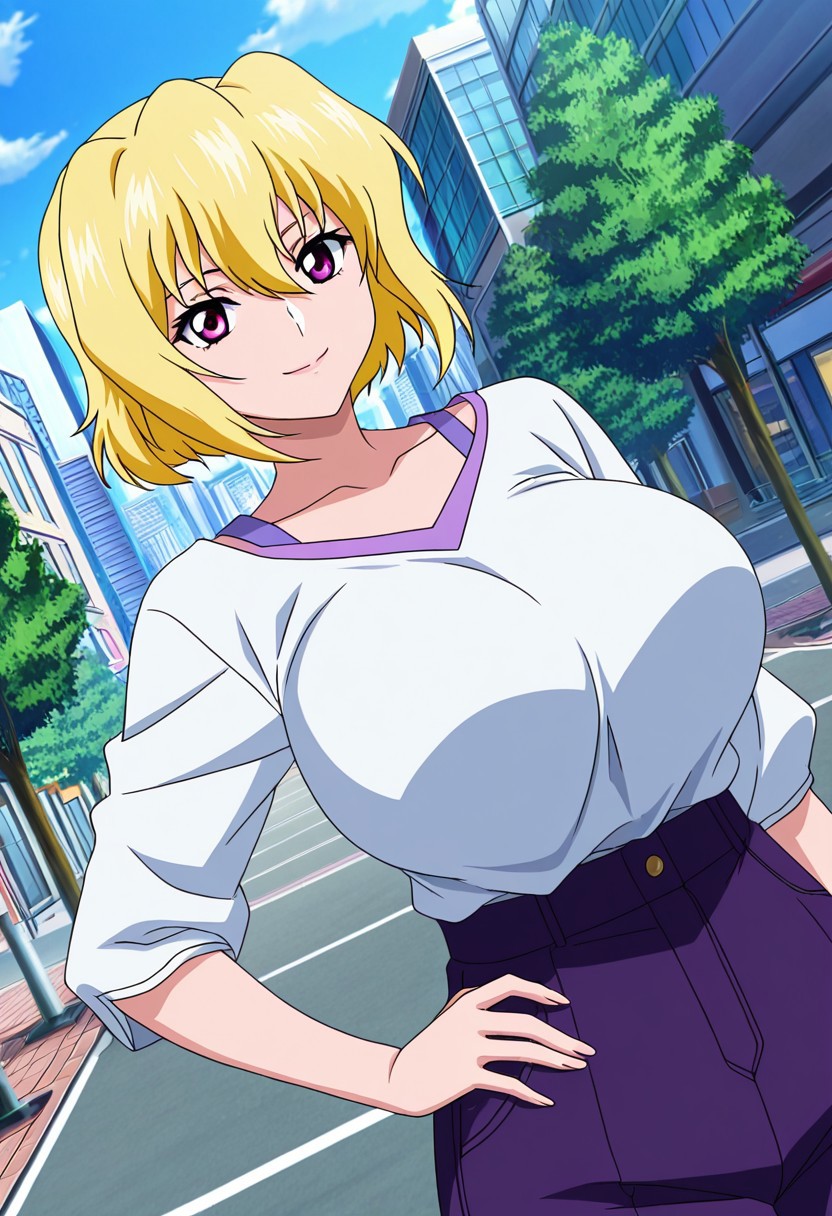 general,highres, ultra-detailed,very aesthetic,best quality ,best hands,best eyes,easynegative,
dynamic anglre, dutch angle, anime cloring,anime screencap,
1girl solo,looking at viewer,city,outdoors,smile,hand on hip,
STELLAR Loussier,yellow hair,short hair,purple eyes,huge breasts,shirt,pants,