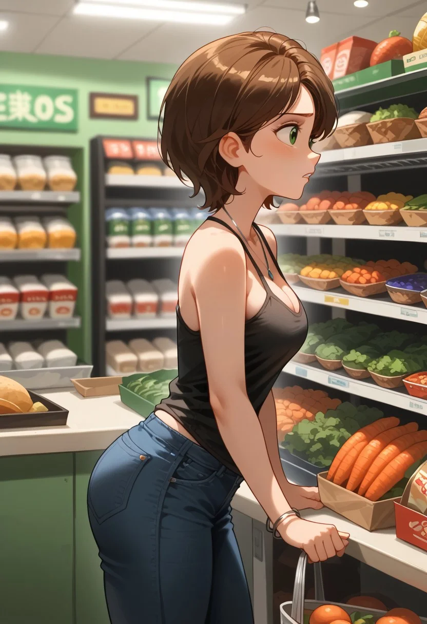 score_9, score_8_up, score_7_up, disney pixar, auntcass, 1girl, brown hair, short hair, solo, black camisole, (loose strap:1.1), (gap between strap and chest:1.3), necklace, green eyes, hot pants, short jeans, tight pants, bracelet, large breast, big butt, thick thigh, bare knee, cleavage,
from behind, from side, from top, closed mouth, parted lips, standing, picking, cleavage,( unintentionally teasing:1.3), trolley, filled with grocery
indoors, supermarket, grocery store, grocery, vegetables, depth of field, steam, feet out of frame, blurry background, crowds, peoples, volumtric lighting on breasts, shading on breasts,