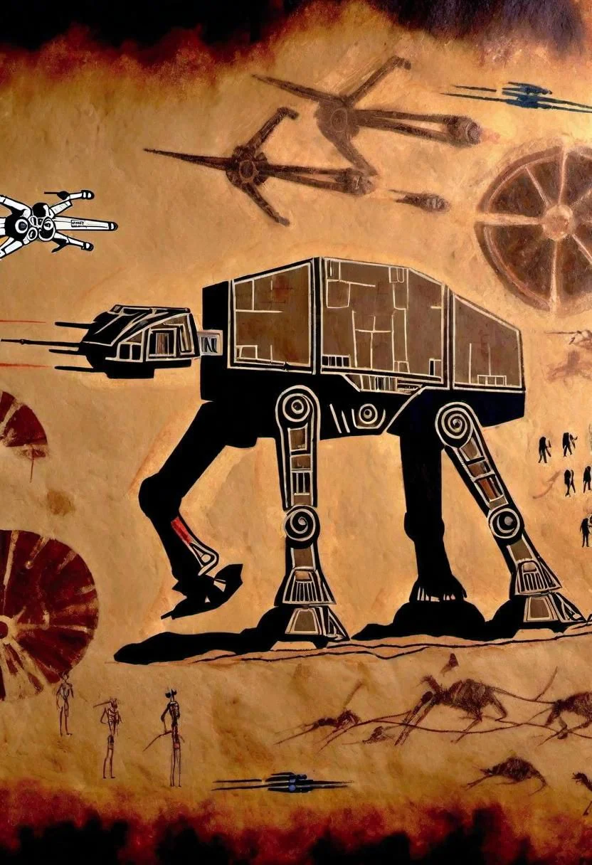 Prehistoric Cave Painting of Star Wars, X-Wing Fighter, At-At, Death Star