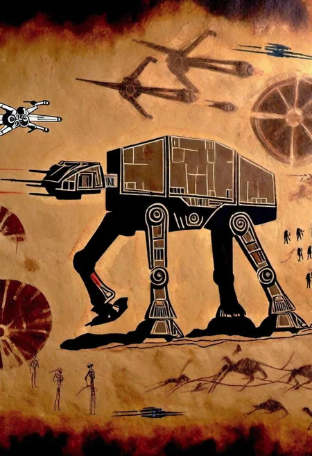 Prehistoric Cave Painting of Star Wars, X-Wing Fighter, At-At, Death Star