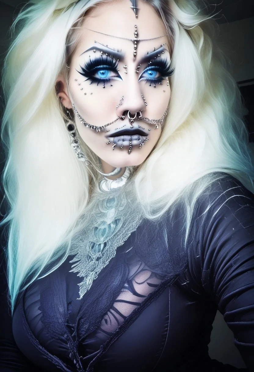score_9, score_8_up, score_7_up, rating_safe, concept art, realistic, dark theme, low light, Fixhand.
1girl, solo, Lush white hair, blue eyes. Sexy makeup.
(Big breast:1.2), (Round breast:1.2).
((ExtrFacePiercing:1.8)), ((NoseToEar)).