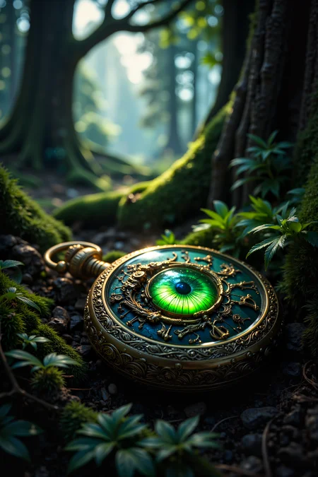 A hyper-realistic portrait, photorealistic photo close-up image of A glowing, emerald-green dragonâs eye, perfectly embedded in the center of an ornate, antique pocket watch, lying on the forest floor beneath a towering oak tree. The eye pulsates with a subtle, inner light, casting eerie green reflections on the watchâs golden casing. The watchâs face is cracked, and tiny gears can be seen through the fissures, slowly turning as if the eye is powering the entire mechanism. The forest around is shrouded in mist, with beams of sunlight filtering through the dense canopy above, illuminating the watch and making the eyeâs glow more pronounced. Small, delicate ferns have started to grow around the watch, their tips glowing faintly in response to the eyeâs energy. The entire scene feels like a moment frozen in time, where nature and magic have merged seamlessly. The contrast between the ordinary watch and the extraordinary eye creates a captivating image of mystery and wonder. (photography, high-resolution, dynamic, energetic,hyper-realistic, dramatic lighting, shallow depth of field.), detailmaximizer, MythP0rt<lora:midjourney_whisper_flux_lora_v01:0.55><lora:aidmaMJ6.1-FLUX-V0.1:0.4><lora:FluxMythP0rtr4itStyle:0.4><lora:detailed_flux_ntc:2.2><lora:aidmaImageUpgrader-FLUX-V0.1:0.65>