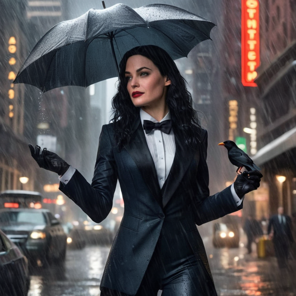 Hyperrealistic art of  <lora:Zatanna:1.2>
Zatanna a woman in a tuxedo holding a bird in rain In Gotham City Universe, Extremely high-resolution details, photographic, realism pushed to extreme, fine texture, incredibly lifelike