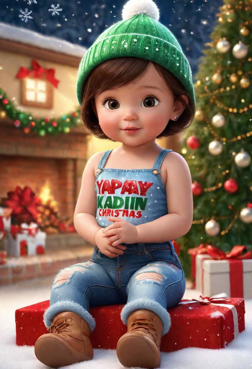 Cute cartoon style baby, latin, tender and sweet. Sitting, dressed in blue jeans and a dark green bustier with short brown hair, brown skin, a Christmas hat with the name "Yapay Kadin" in light colors and sparkles. Christmas themed background, snow, snowflakes, poinsettias, typography, 3d rendering, painting , painting, 3d render, typography, cinematicv0.2