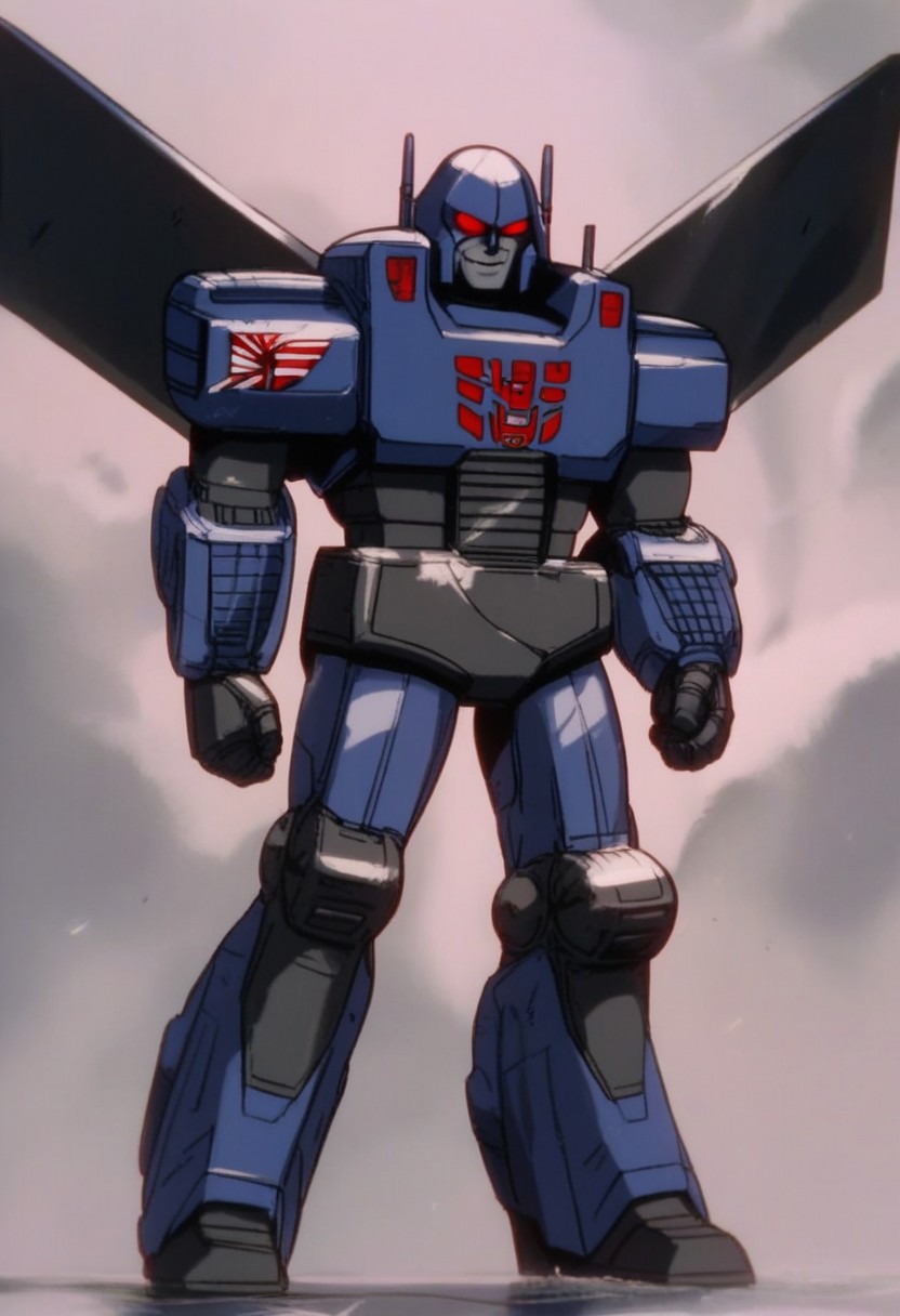 score_9, score_8_up, score_7_up, animation, transformers, 1boy, robot, Decepticon, Tall, bulky, Seeker, glowing eyes, red eyes, large eyes, circular eyes, Black armor, Forard swept wings, transforms into futuristic Stelth Mig Fighter Jet, full body, cowboy shot, smiling, holding null ray blasters, Decepticon Symbol