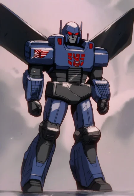 score_9, score_8_up, score_7_up, animation, transformers, 1boy, robot, Decepticon, Tall, bulky, Seeker, glowing eyes, red eyes, large eyes, circular eyes, Black armor, Forard swept wings, transforms into futuristic Stelth Mig Fighter Jet, full body, cowboy shot, smiling, holding null ray blasters, Decepticon Symbol