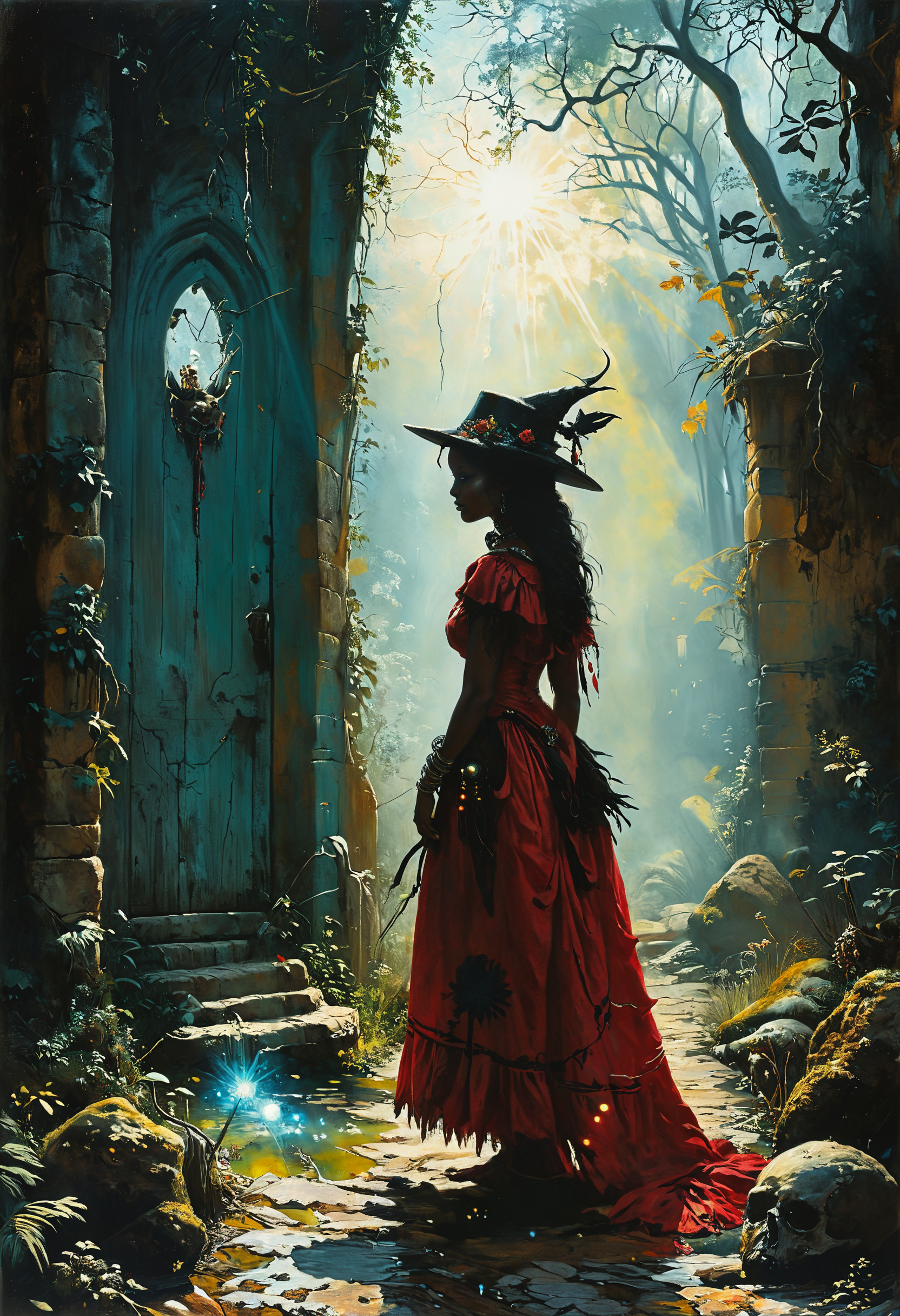 Bound by tradition, she walks the path of her ancestors, a guardian of ancient wisdom,,, dense light rays, Gorgeous splash of vibrant paint, witch, voodoo    by Vincent Di Fate by Karol Bak, by artgerm, Deviantart in the style of Tom Bagshaw, Cedric Peyravernay, Peter Mohrbacher by William-Adolphe Bouguereau,4k <lora:The_Horror_Style:0.8> <lora:MJ52:0.8> <lora:gorgoeus_splash_of_vibrant_paint:0.7>