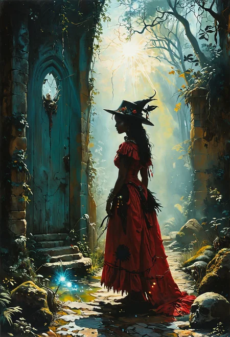 Bound by tradition, she walks the path of her ancestors, a guardian of ancient wisdom,,, dense light rays, Gorgeous splash of vibrant paint, witch, voodoo    by Vincent Di Fate by Karol Bak, by artgerm, Deviantart in the style of Tom Bagshaw, Cedric Peyravernay, Peter Mohrbacher by William-Adolphe Bouguereau,4k <lora:The_Horror_Style:0.8> <lora:MJ52:0.8> <lora:gorgoeus_splash_of_vibrant_paint:0.7>